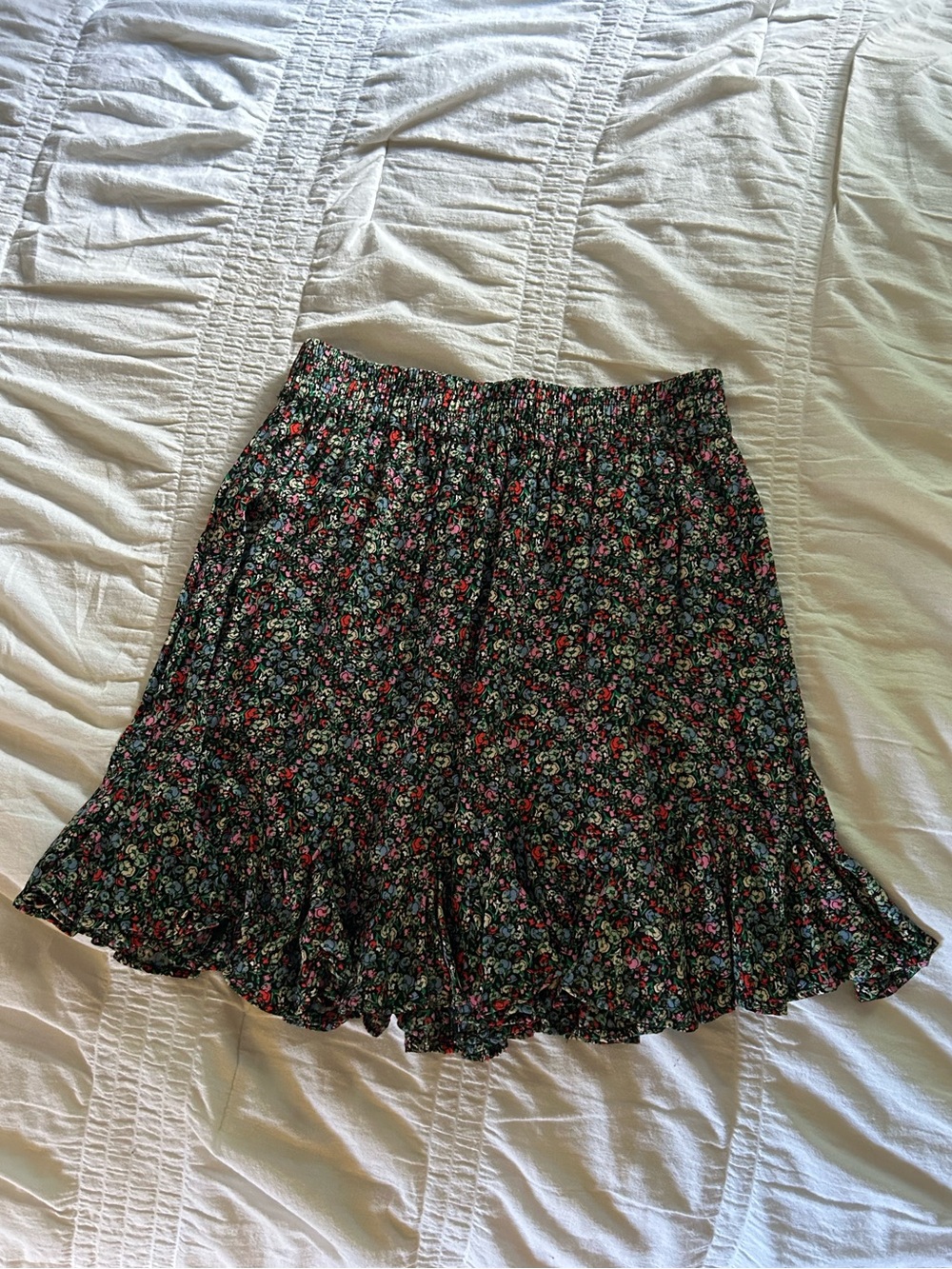 LOFT Black Mini Skirt with Pink & Green Floral Ruffle Hem